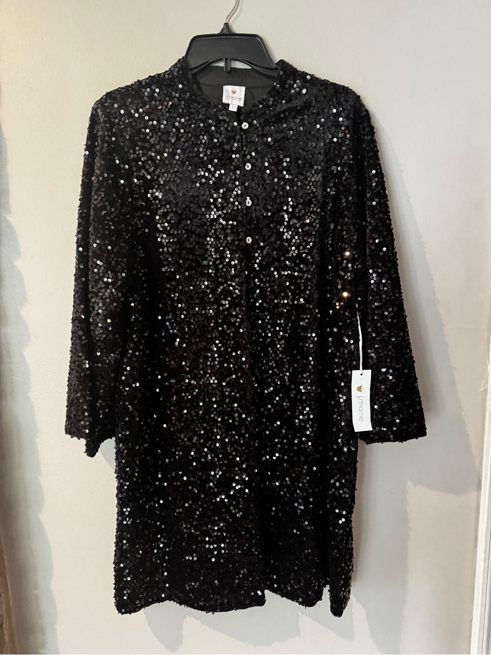 Sequin Long Sleeve Shift Dress in Black by J. Marie